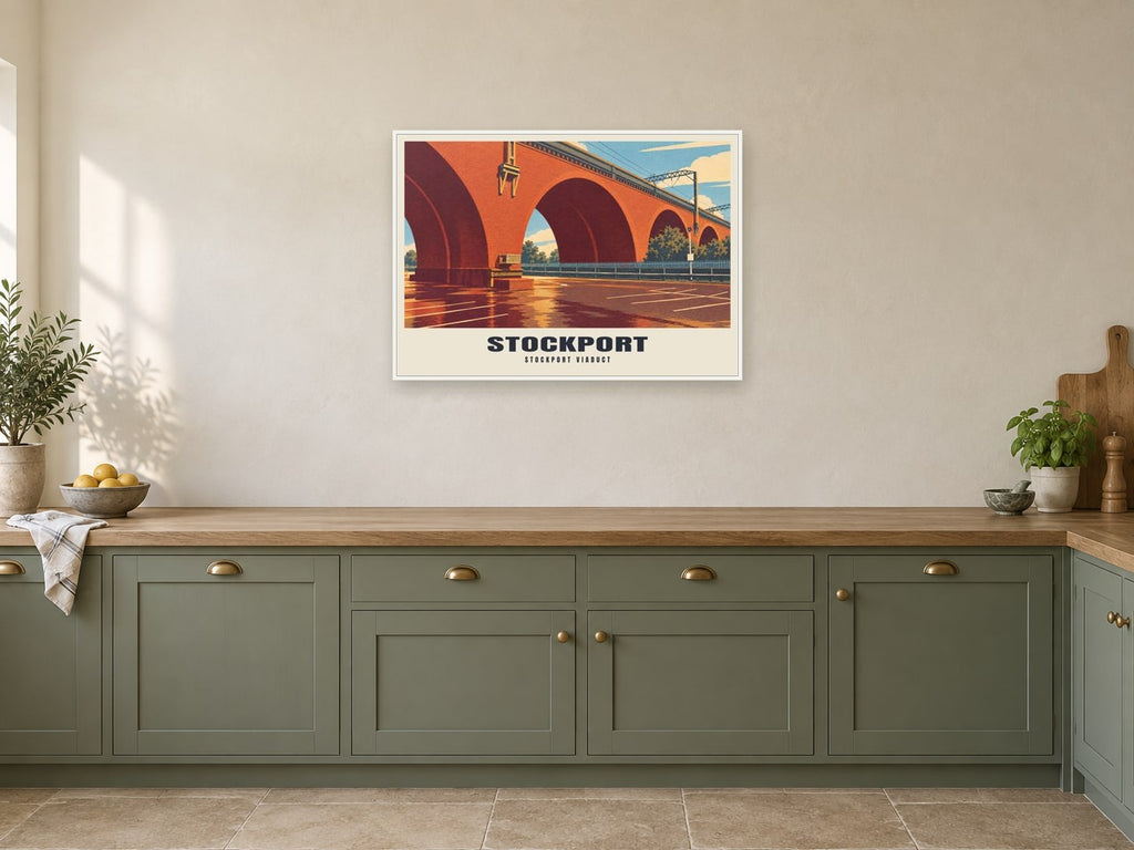Stockport Viaduct Poster at A1, in a white frame, in a kitchen