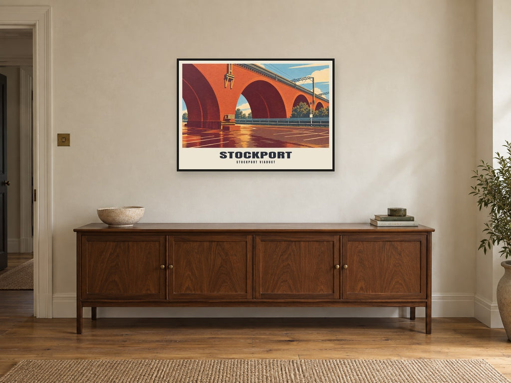 Stockport Viaduct Poster at A1, in a black frame, above a sideboard