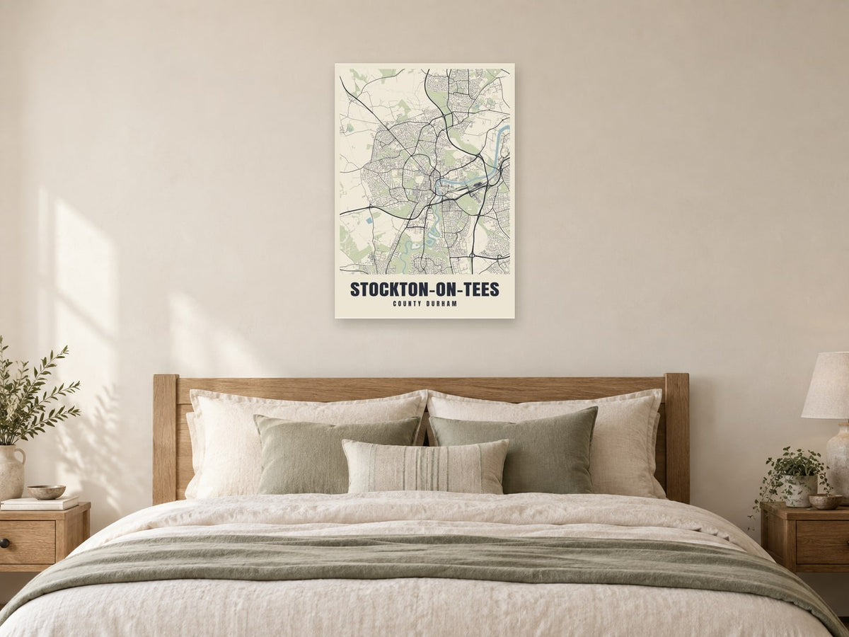 Stockton-on-Tees Street Map Poster at A1, as a poster, above a bed