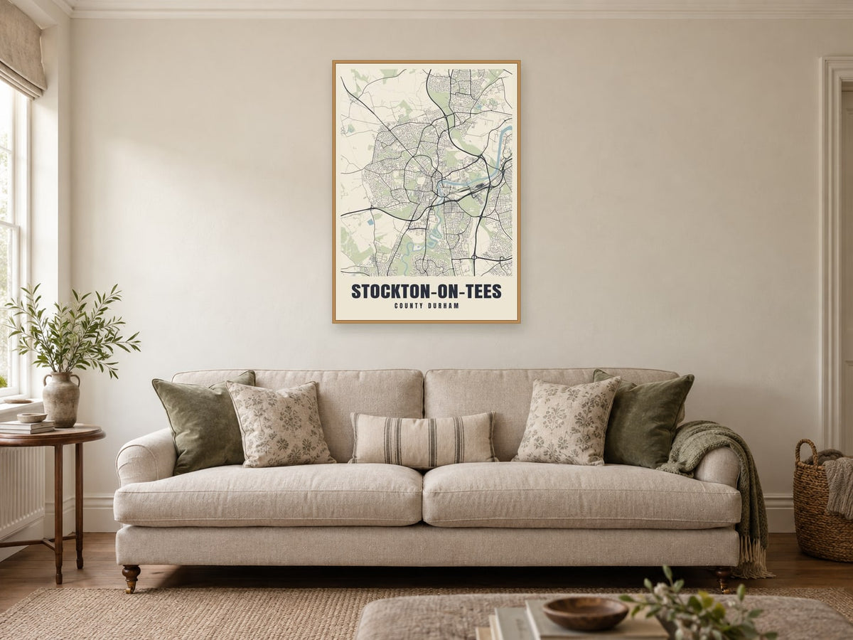 Stockton-on-Tees Street Map Poster at A1, in a natural wood frame, in a sitting room