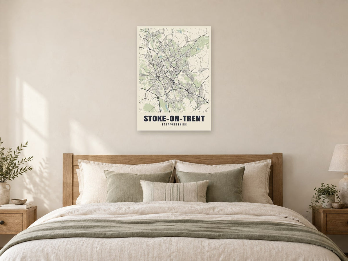 Stoke-on-Trent Street Map Poster at A1, as a poster, above a bed
