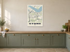 Stone Street Map Poster at A1, in a white frame, in a kitchen