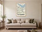 Stone Street Map Poster at A1, in a natural wood frame, in a sitting room