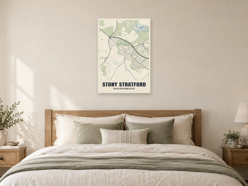 Stony Stratford Street Map Poster at A1, as a poster, above a bed