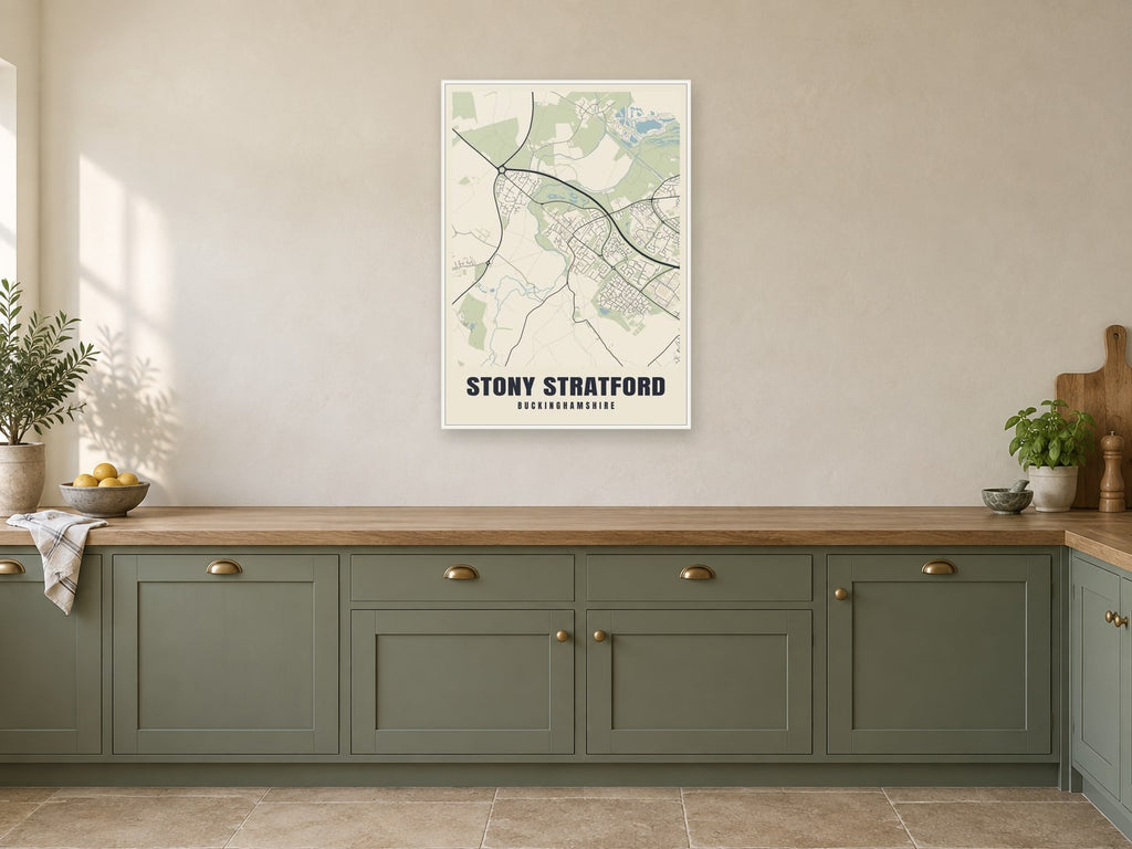 Stony Stratford Street Map Poster at A1, in a white frame, in a kitchen