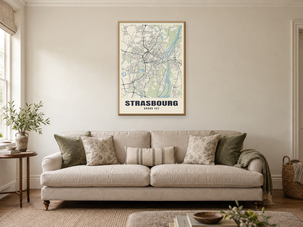 Strasbourg Street Map Poster at A1, in a natural wood frame, in a sitting room