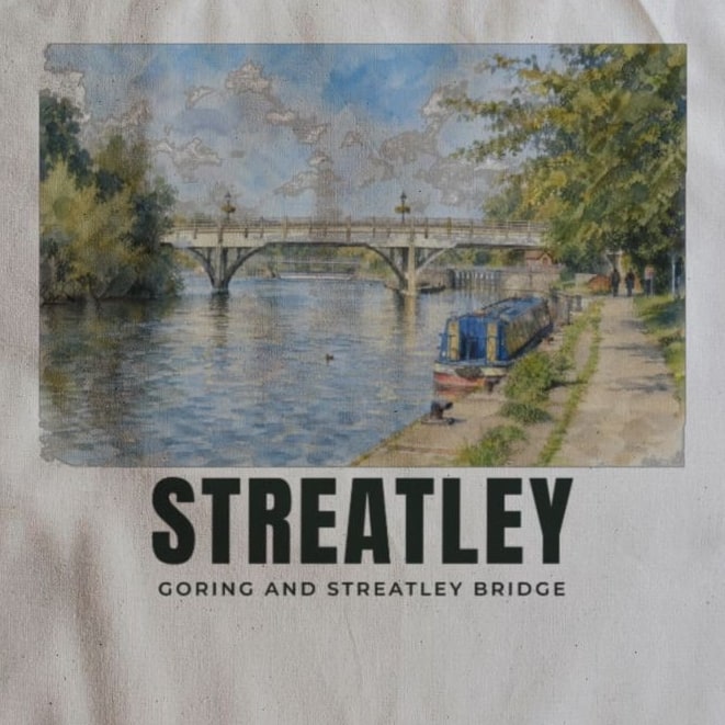 Close-up of the Goring and Streatley Bridge drawing and lettering printed on natural cotton