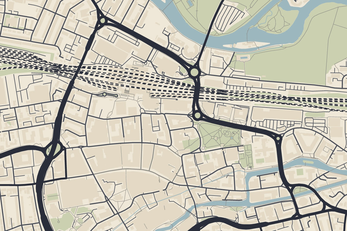 Gros plan de la carte routière de Reading à pleine taille d'impression, autour de la gare ferroviaire et de la rivière Kennet