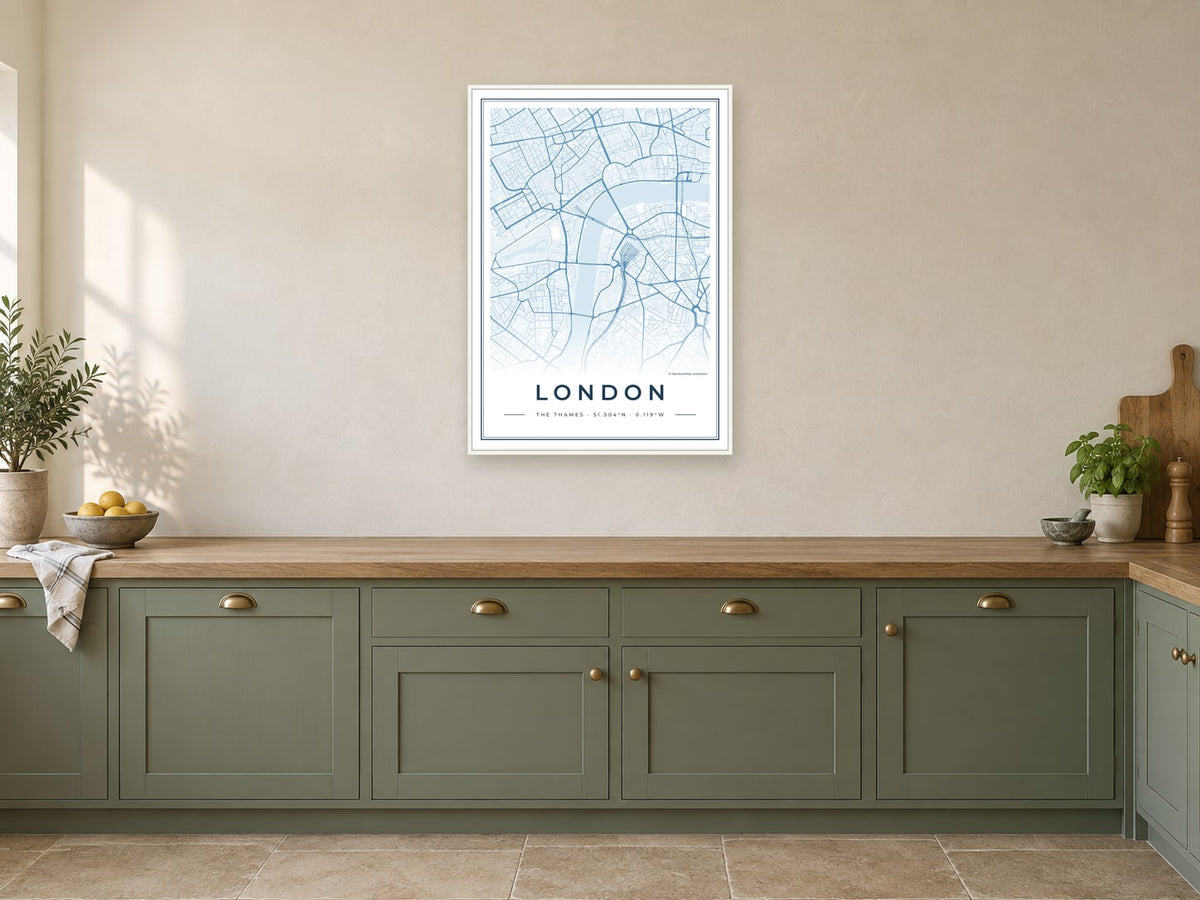 Plan de rue du centre de Londres dans le design Harbour, dans un cadre blanc, dans une cuisine