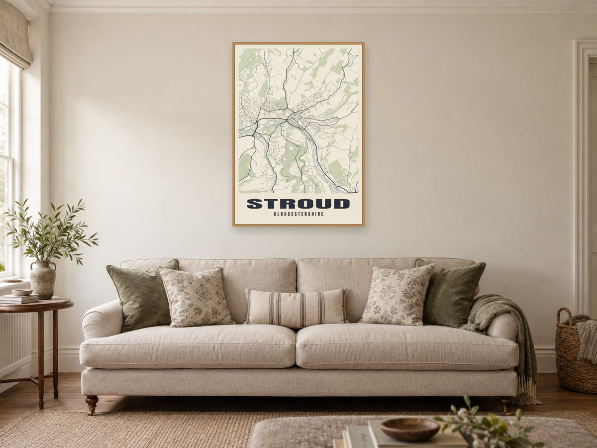 Stroud Street Map Poster at A1, in a natural wood frame, in a sitting room