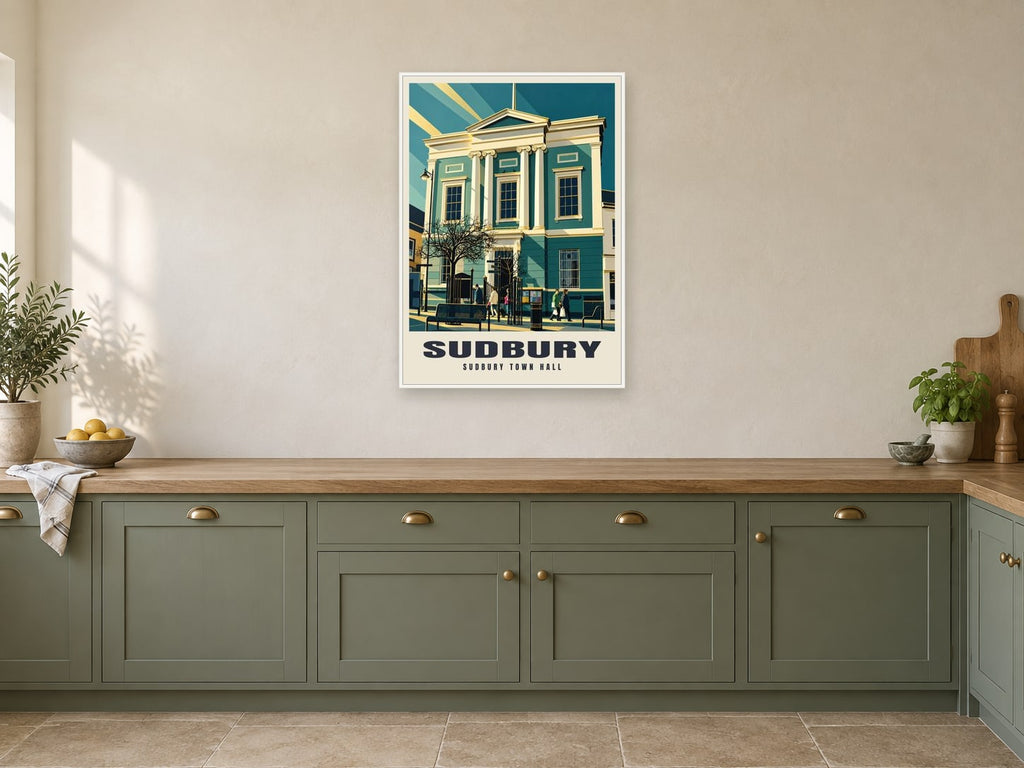 Sudbury Town Hall Poster at A1, in a white frame, in a kitchen