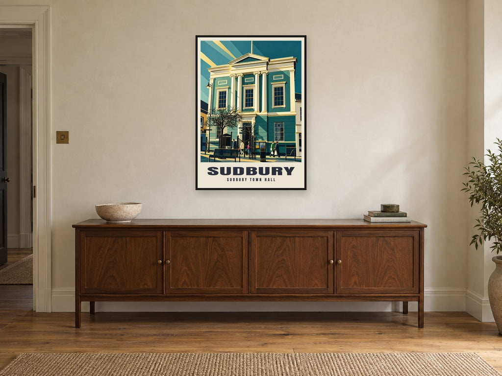 Sudbury Town Hall Poster at A1, in a black frame, above a sideboard