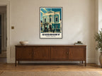 Sudbury Town Hall Poster at A1, in a black frame, above a sideboard