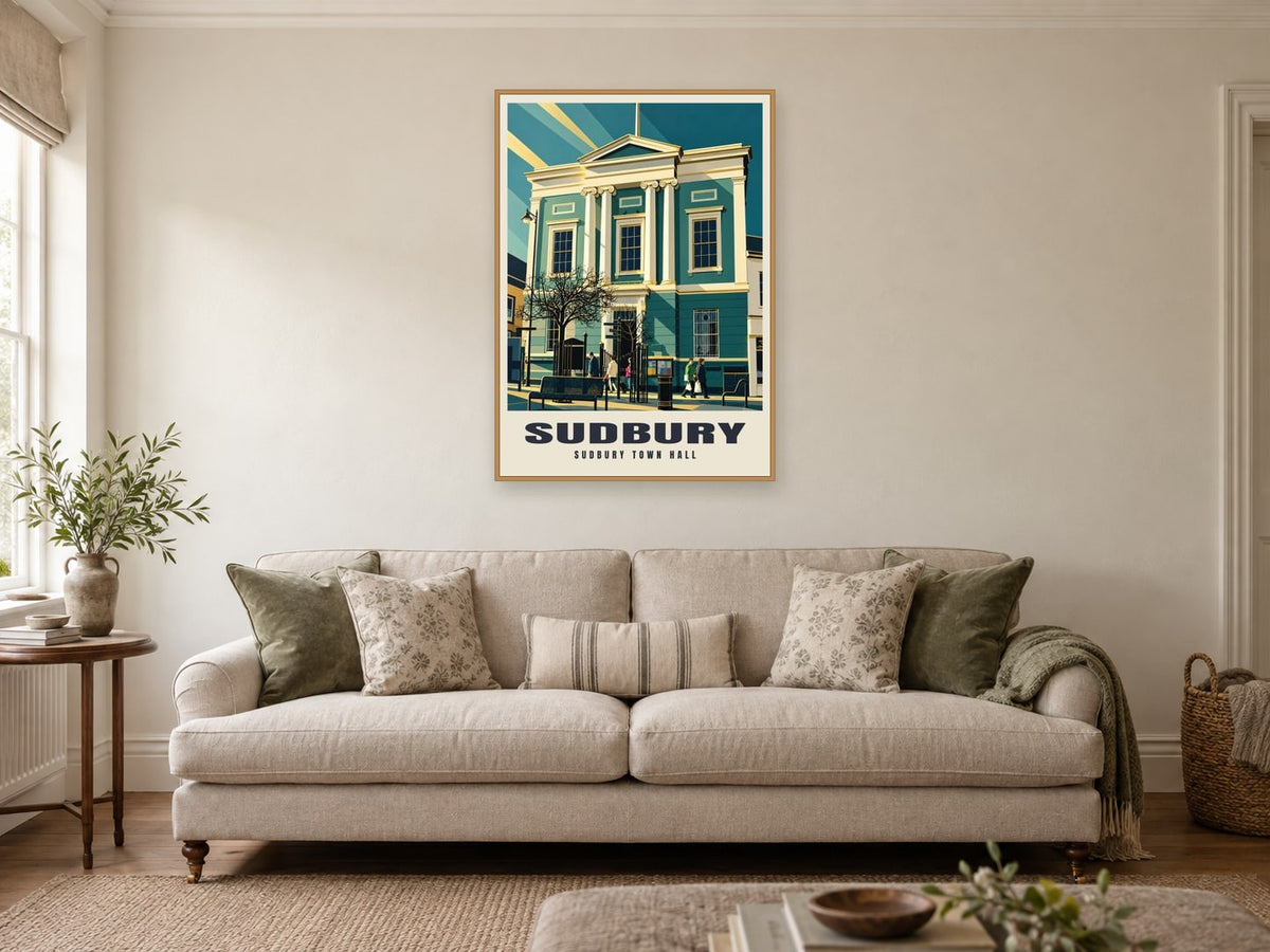 Sudbury Town Hall Poster at A1, in a natural wood frame, in a sitting room