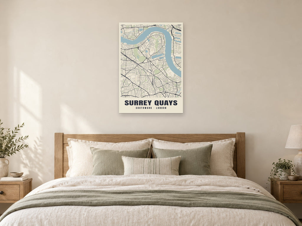 Surrey Quays Heritage Street Map Poster at A1, as a poster, above a bed