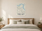 Surrey Quays Heritage Street Map Poster at A1, as a poster, above a bed