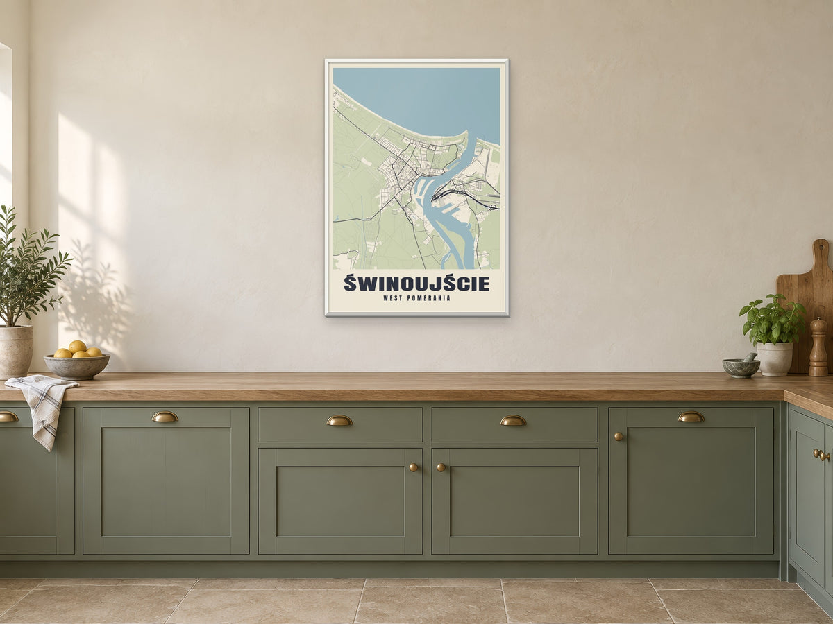 Świnoujście Street Map Poster at A1, in a white frame, in a kitchen