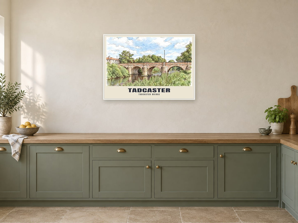 Tadcaster Bridge Poster at A1, in a white frame, in a kitchen