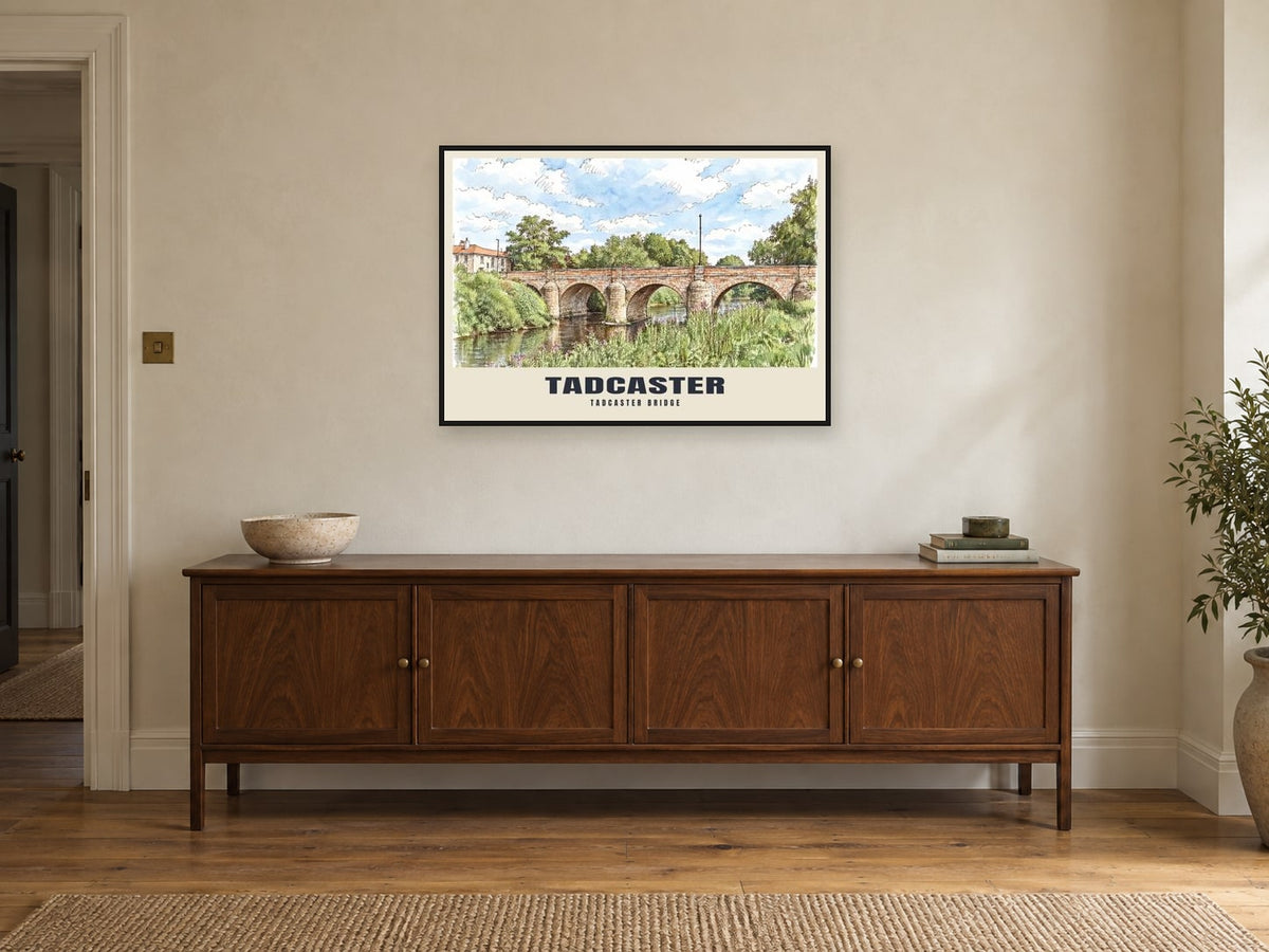 Tadcaster Bridge Poster at A1, in a black frame, above a sideboard