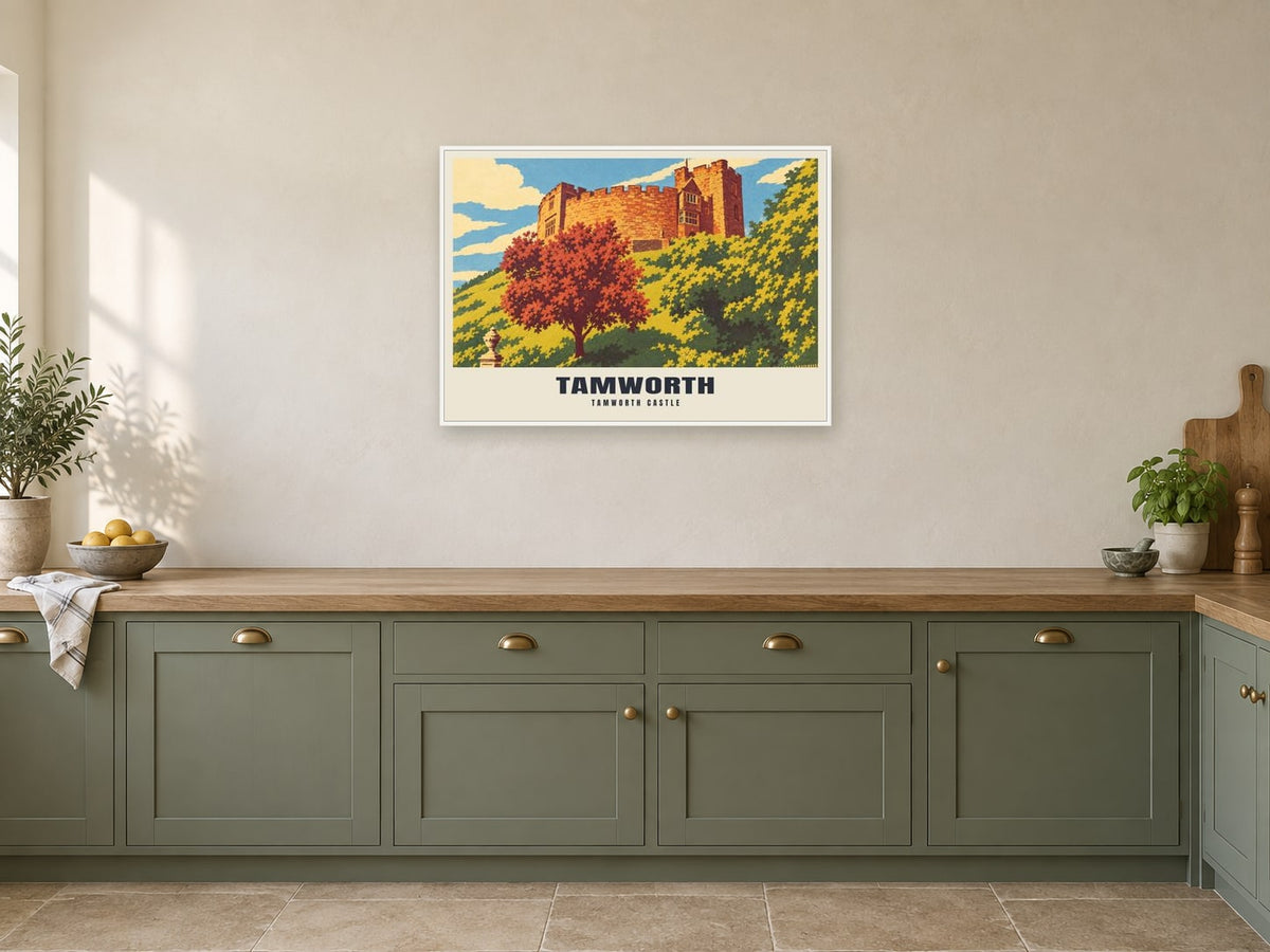 Tamworth Castle Poster at A1, in a white frame, in a kitchen