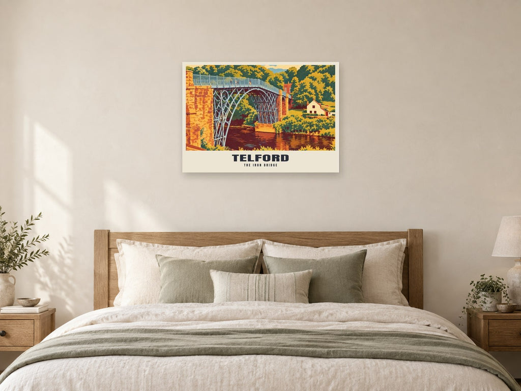 The Iron Bridge, Telford Poster at A1, as a poster, above a bed