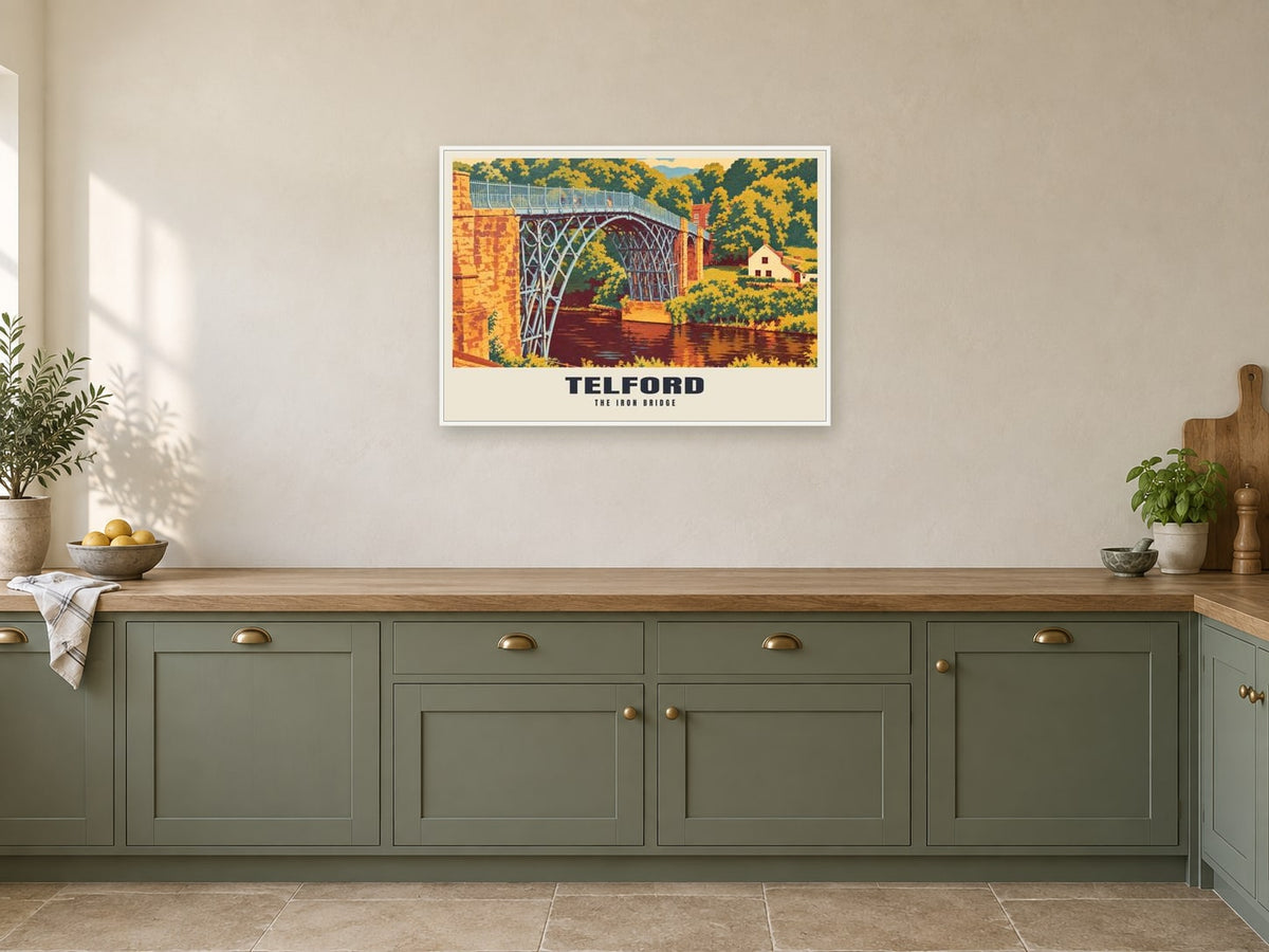 The Iron Bridge, Telford Poster at A1, in a white frame, in a kitchen