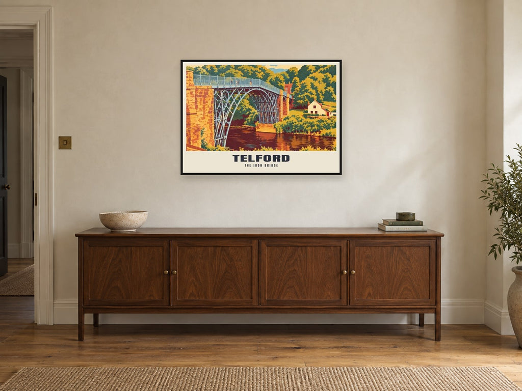 The Iron Bridge, Telford Poster at A1, in a black frame, above a sideboard