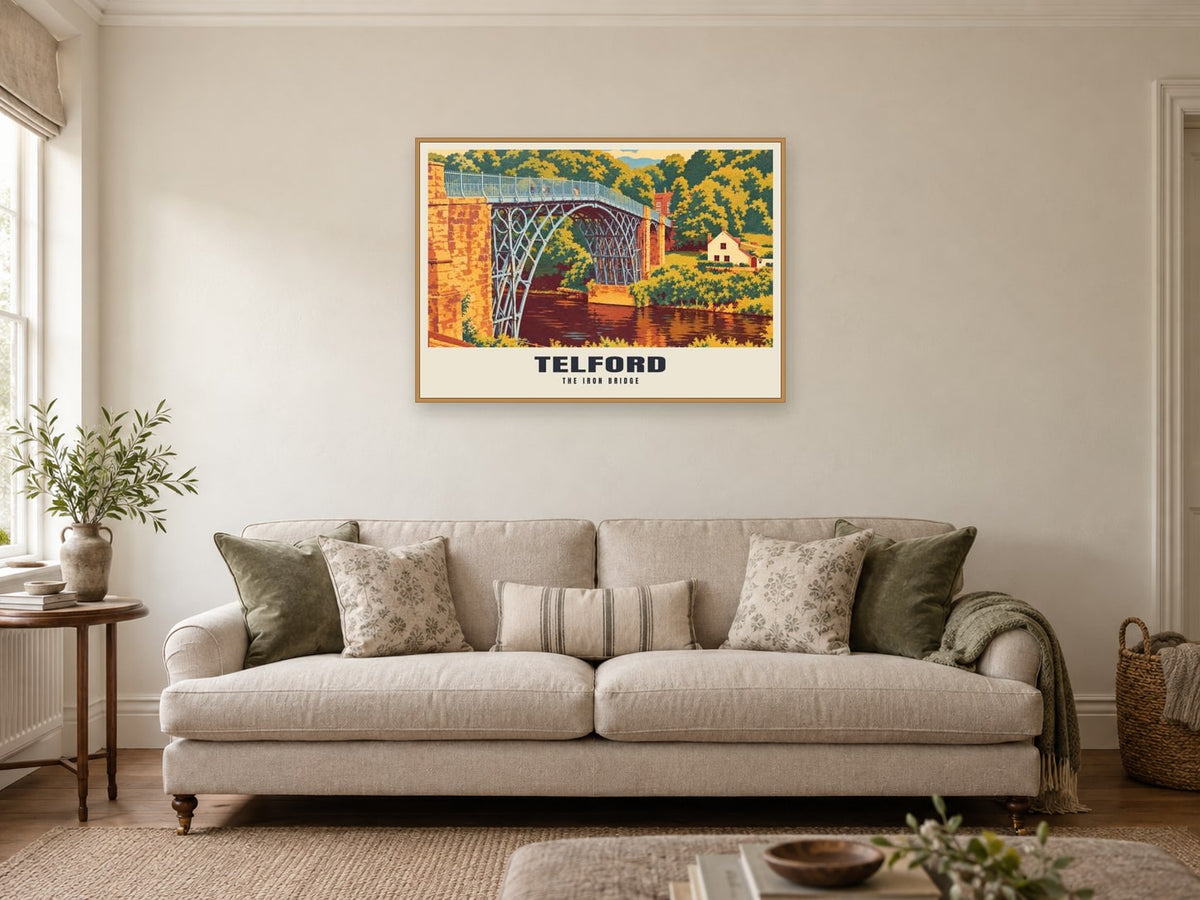 The Iron Bridge, Telford Poster at A1, in a natural wood frame, in a sitting room