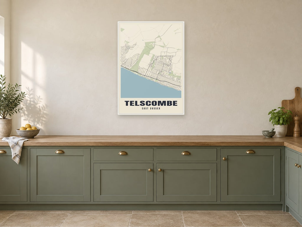 Telscombe Street Map Poster at A1, in a white frame, in a kitchen