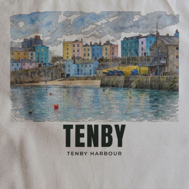 Close-up of the Tenby Harbour drawing and lettering printed on natural cotton