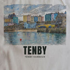 Close-up of the Tenby Harbour drawing and lettering printed on natural cotton