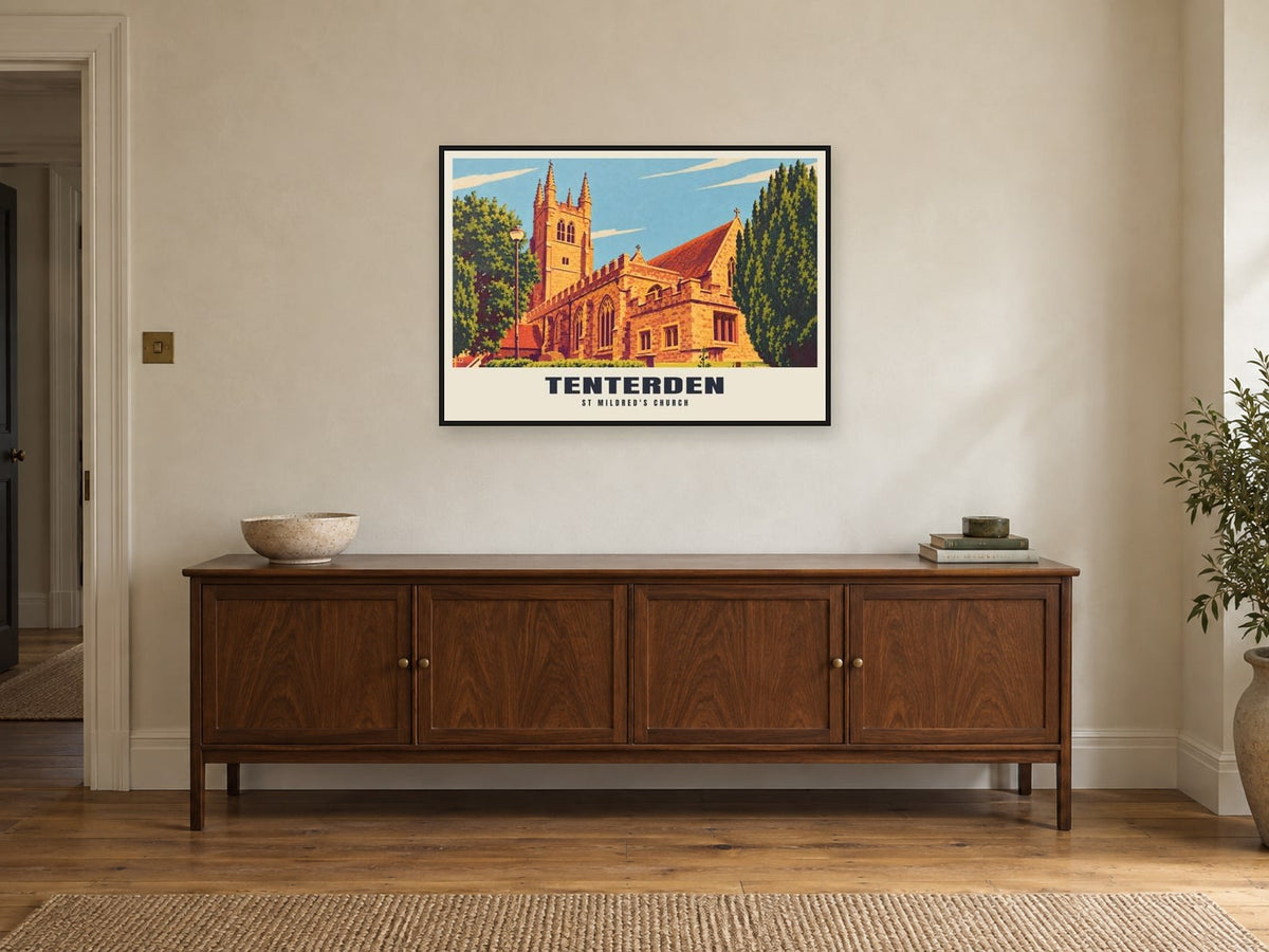 St Mildred's Church, Tenterden Poster at A1, in a black frame, above a sideboard