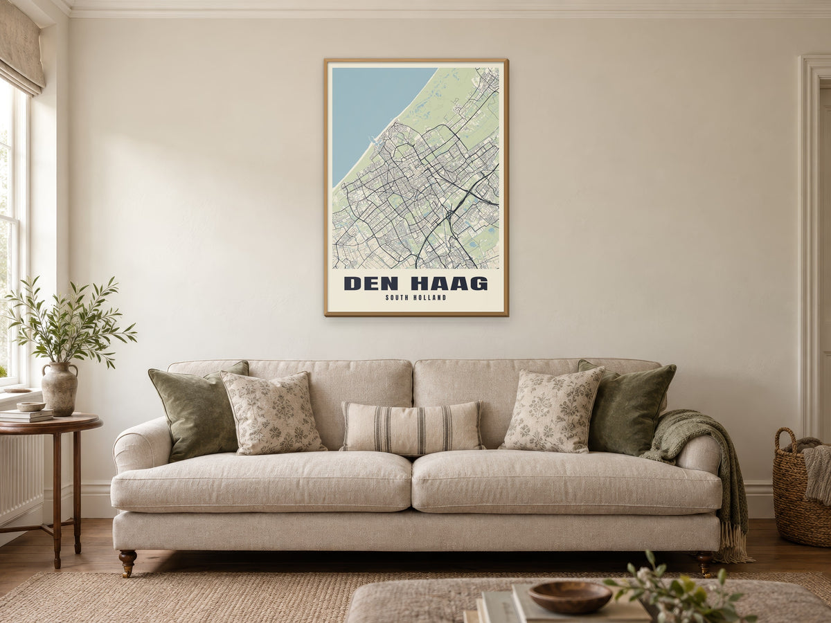 Den Haag Street Map Poster at A1, in a natural wood frame, in a sitting room
