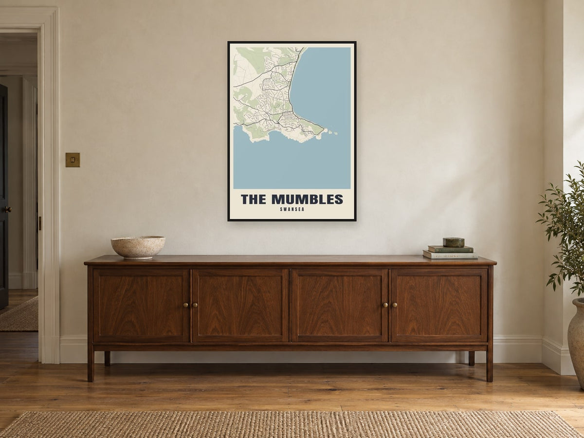 The Mumbles Street Map Poster at A1, in a black frame, above a sideboard