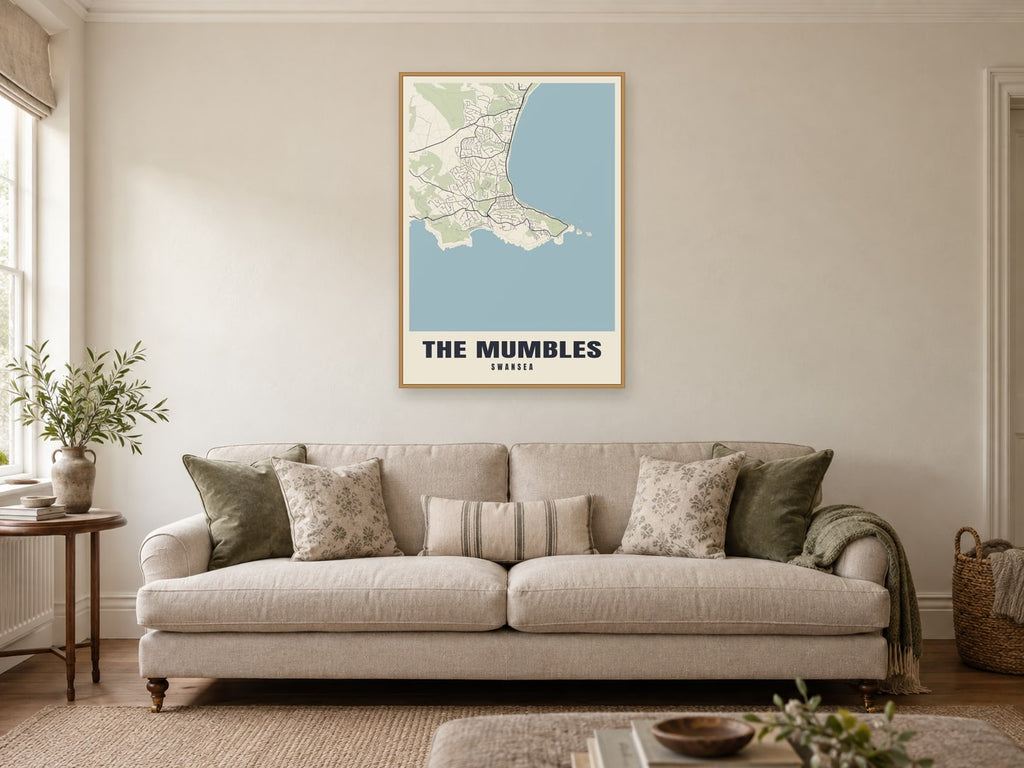 The Mumbles Street Map Poster at A1, in a natural wood frame, in a sitting room