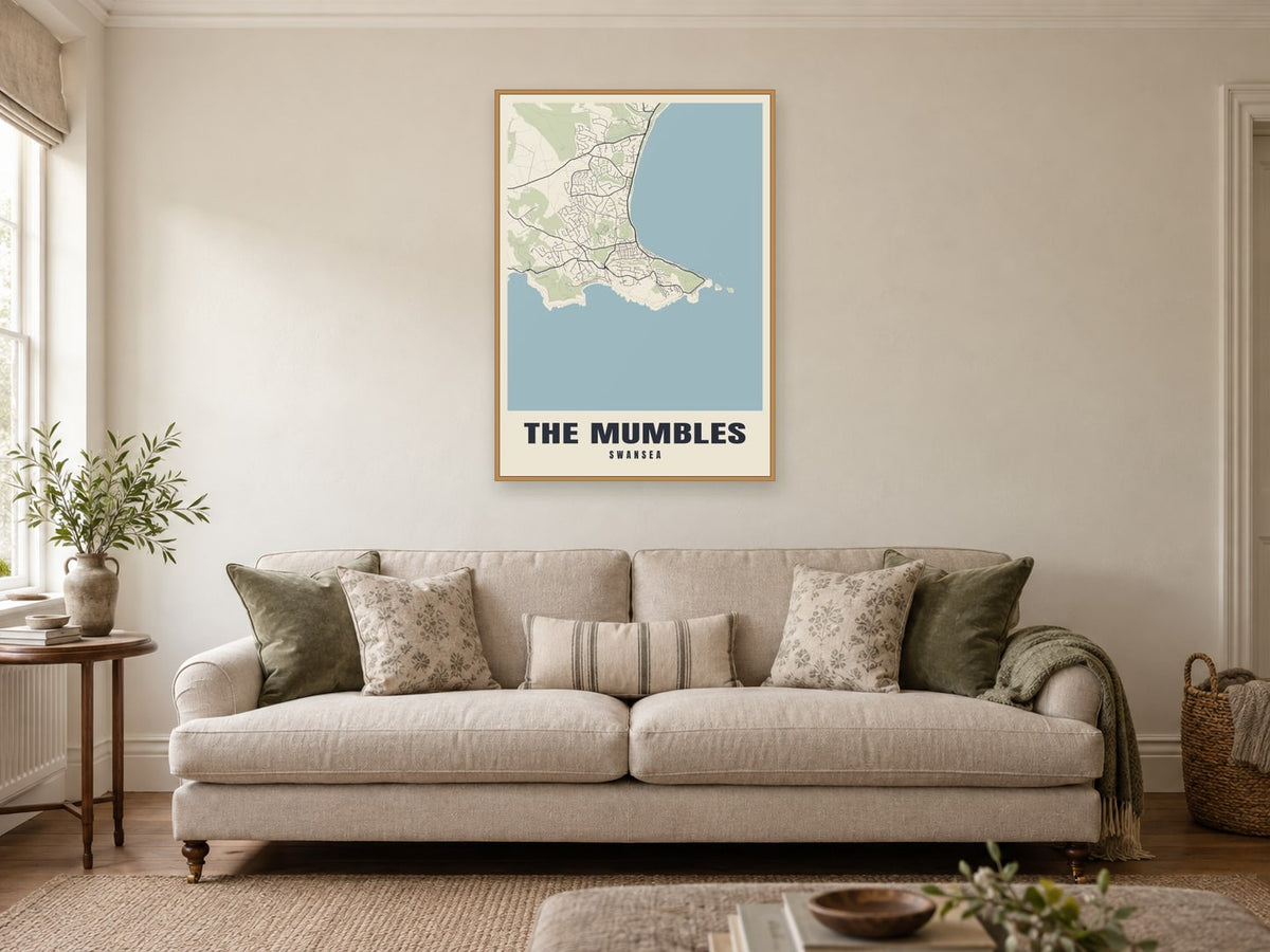 The Mumbles Street Map Poster at A1, in a natural wood frame, in a sitting room