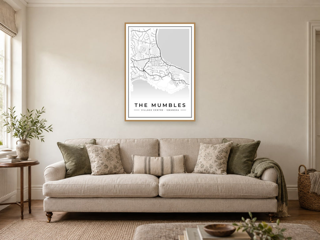The Mumbles Village Centre Street Map Poster at A1, in a natural wood frame, in a sitting room