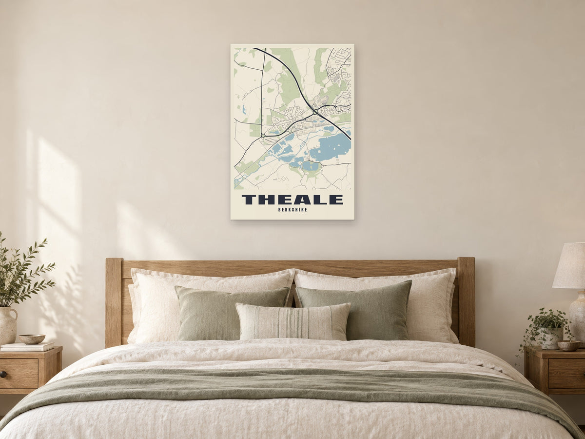 Theale Street Map Poster at A1, as a poster, above a bed