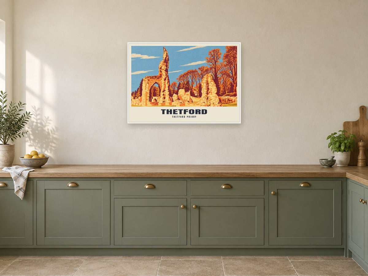 Thetford Priory Poster at A1, in a white frame, in a kitchen