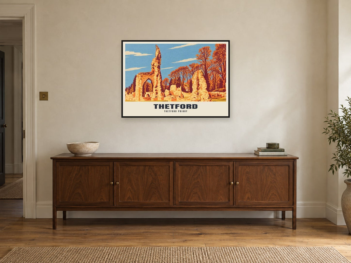 Thetford Priory Poster at A1, in a black frame, above a sideboard