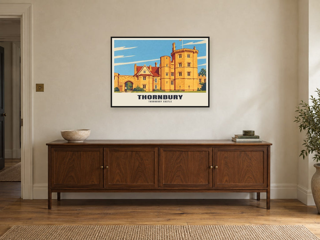 Thornbury Castle Poster at A1, in a black frame, above a sideboard