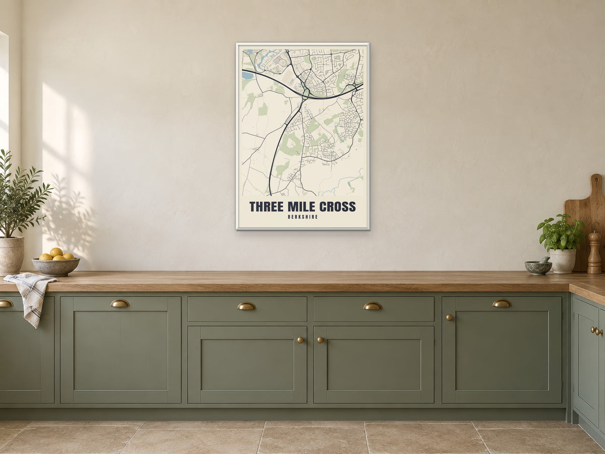 Three Mile Cross Street Map Poster at A1, in a white frame, in a kitchen