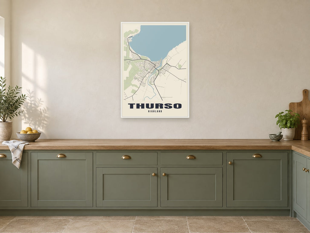 Thurso Street Map Poster at A1, in a white frame, in a kitchen