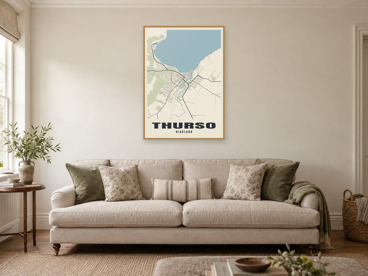 Thurso Street Map Poster at A1, in a natural wood frame, in a sitting room