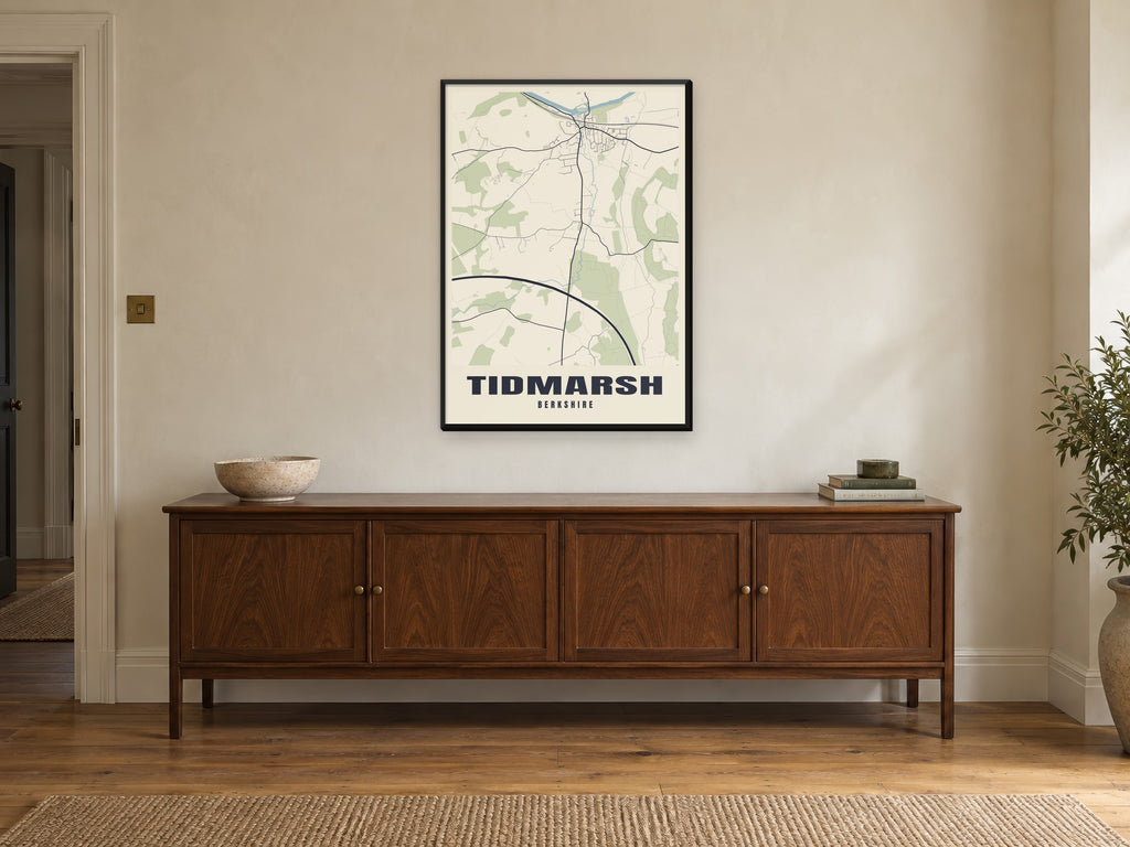 Tidmarsh Street Map Poster at A1, in a black frame, above a sideboard