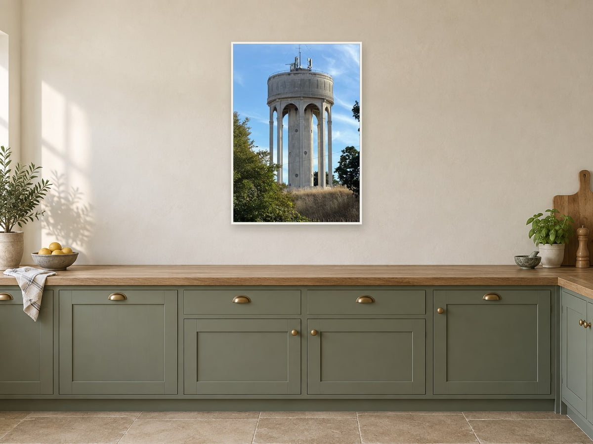 Tilehurst Water Tower — photographic print by Darren Seward at A1, in a white frame, in a kitchen