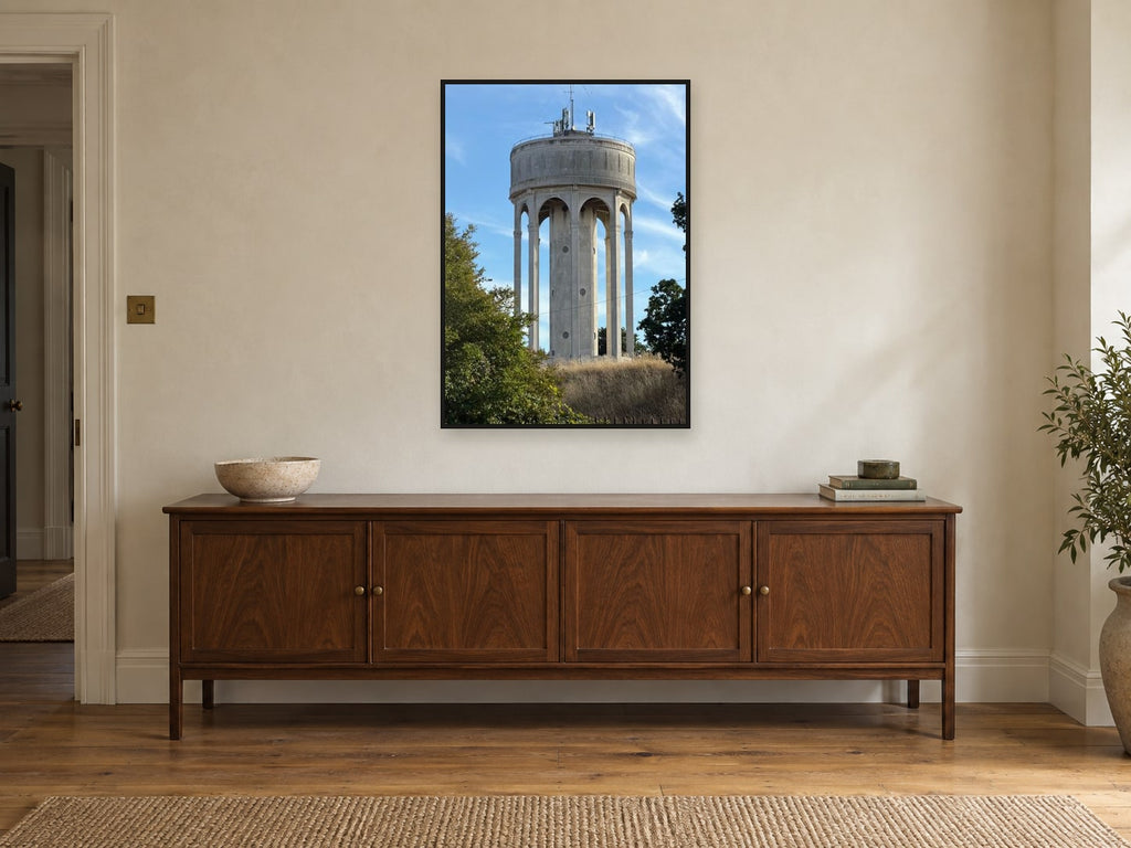 Tilehurst Water Tower — photographic print by Darren Seward at A1, in a black frame, above a sideboard