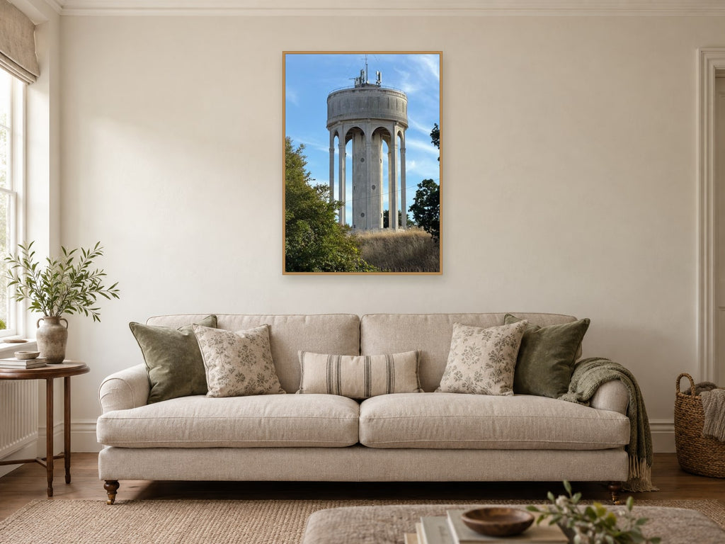 Tilehurst Water Tower — photographic print by Darren Seward at A1, in a natural wood frame, in a sitting room