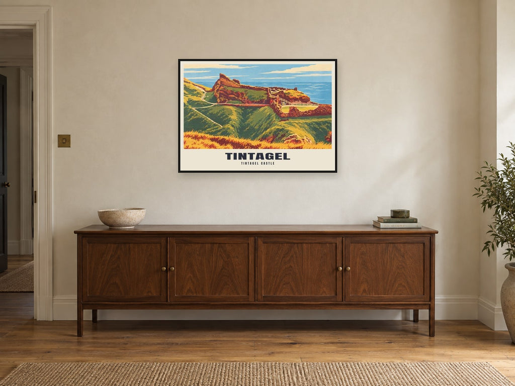 Tintagel Castle Poster at A1, in a black frame, above a sideboard