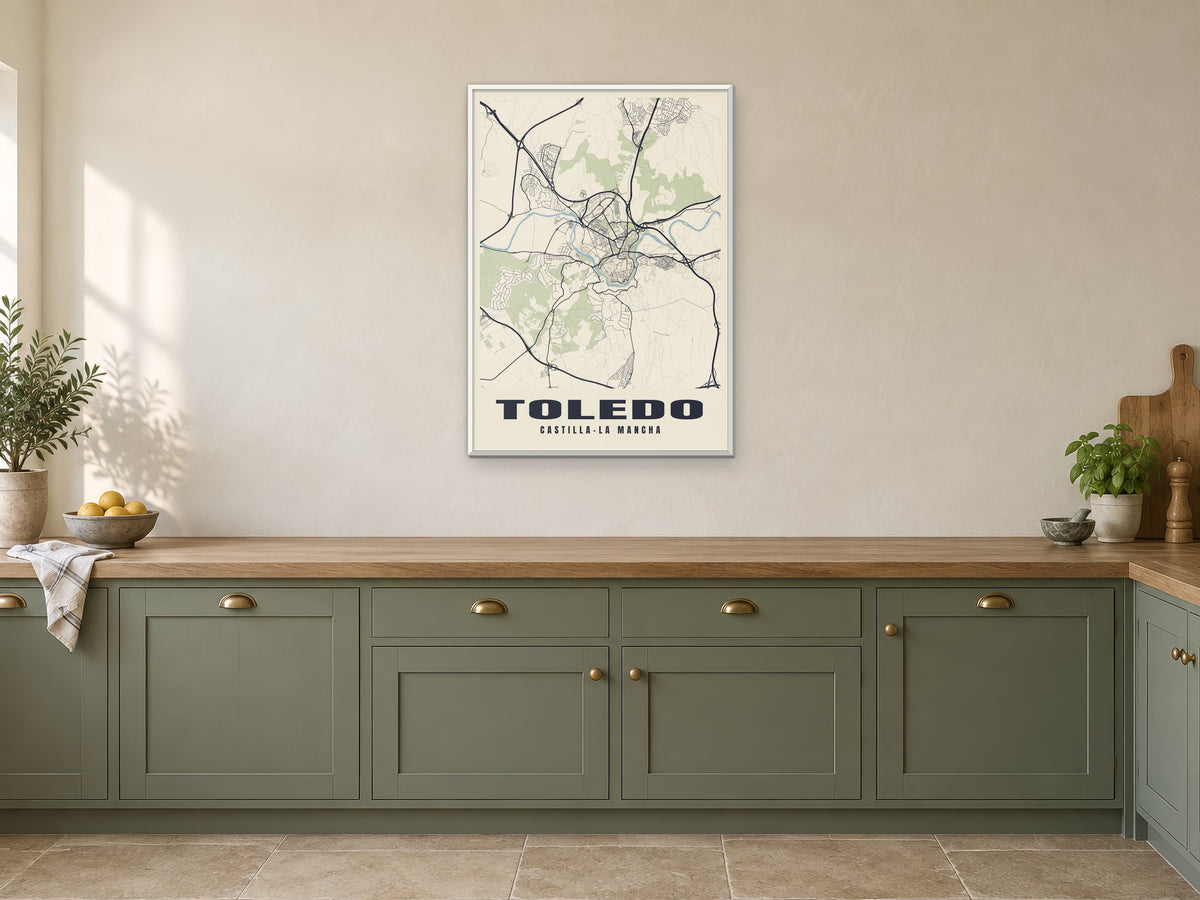 Toledo Street Map Poster at A1, in a white frame, in a kitchen